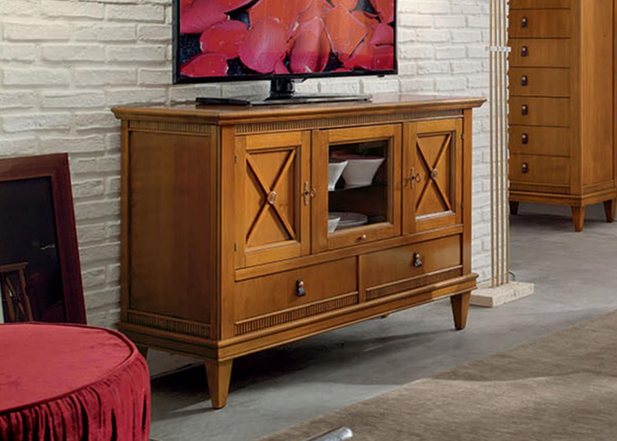 Подставка под ТВ с центральной разгвижной створкой, двумя створками, двумя ящиками с доводчиками от салона мебели Альянс
