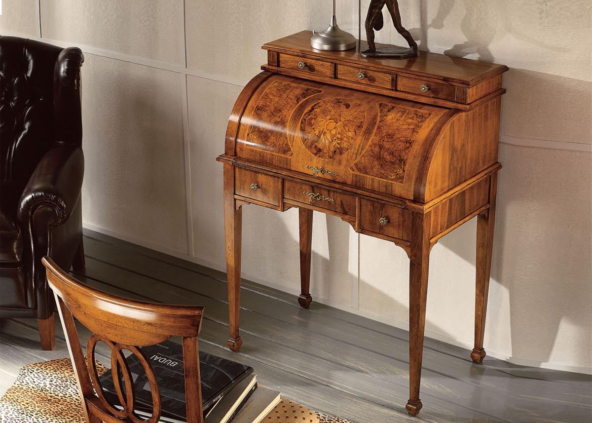 Письменный столик с закругленной крышкой, с интарсией, со столешницей, отделанной натуральной кожей